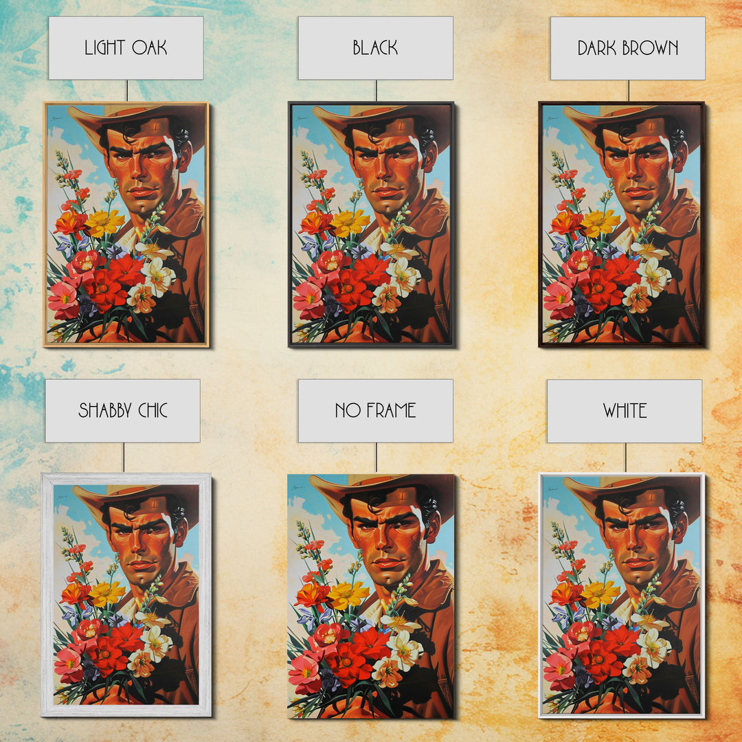 Cowboy with Bouquet of Flowers - Framed Canvas Print, Western Living Room Art, Rustic Bedroom Decor, Americana Art, Wall Art