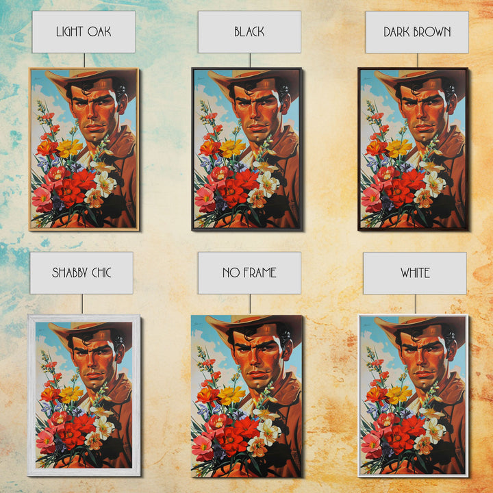 Cowboy with Bouquet of Flowers - Framed Canvas Print, Western Living Room Art, Rustic Bedroom Decor, Americana Art, Wall Art