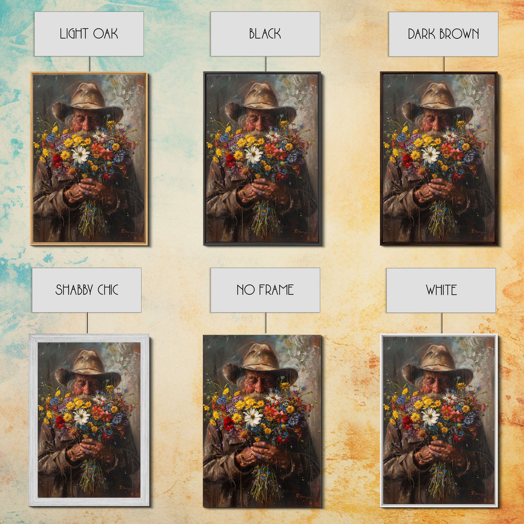Old Cowboy with Wildflowers - Framed Canvas Print, Vintage Living Room Art, Rustic Bedroom Decor, Western Art, Wall Art