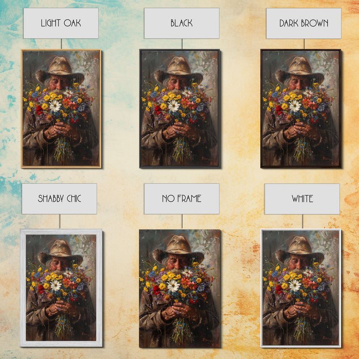 Old Cowboy with Wildflowers - Framed Canvas Print, Vintage Living Room Art, Rustic Bedroom Decor, Western Art, Wall Art