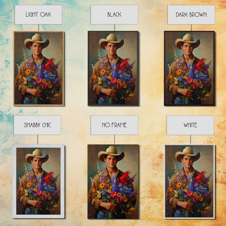 Handsome Cowboy with Wildflowers - Framed Canvas Print, Western Living Room Art, Rustic Bedroom Decor, Cowboy Art, Wall Art