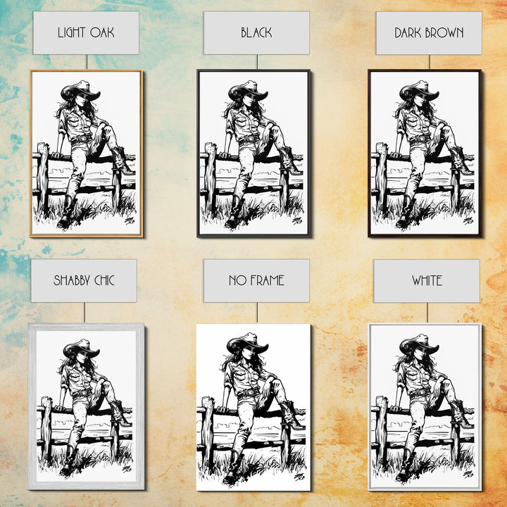 Western Cowgirl on Fence Art Print, Retro Silhouette Framed Canvas, Vintage Western Art, Unique Home Decor