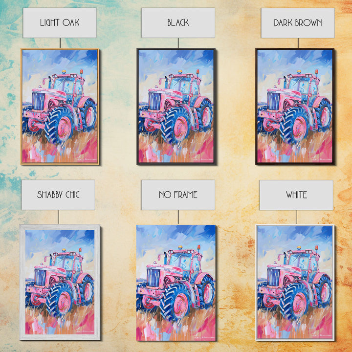 Vibrant Pink Tractor in Field with Blue Sky - Framed Canvas Print, Farmhouse Wall Art, Rustic Tractor Art for Living Room Decor