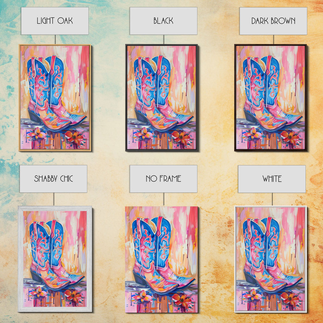 Colorful Cowboy Boots with Flowers - Framed Canvas Print, Rustic Western Decor, Vibrant Boot Wall Art for Home Decoration