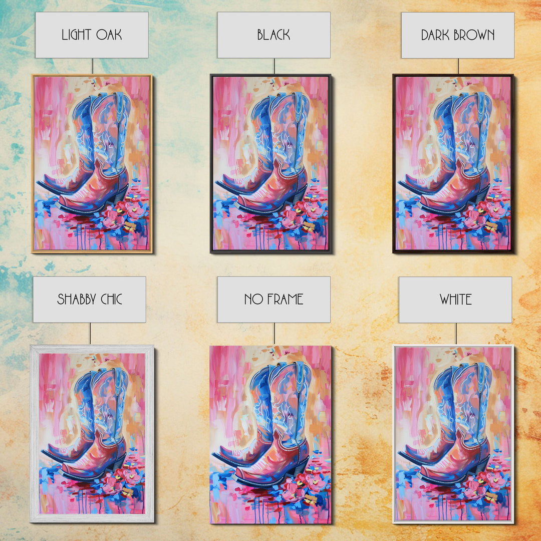 Bright Western Cowboy Boots Art with Floral Accents - Framed Canvas Print, Rustic Wall Art, Colorful Boot Decor for Living Room