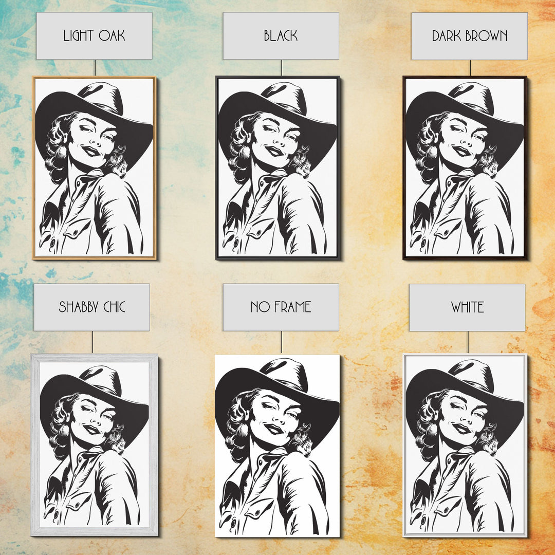 Smiling Cowgirl Portrait Art Print, Western Silhouette Framed Canvas, Vintage Cowgirl Artwork, Unique Wall Decor