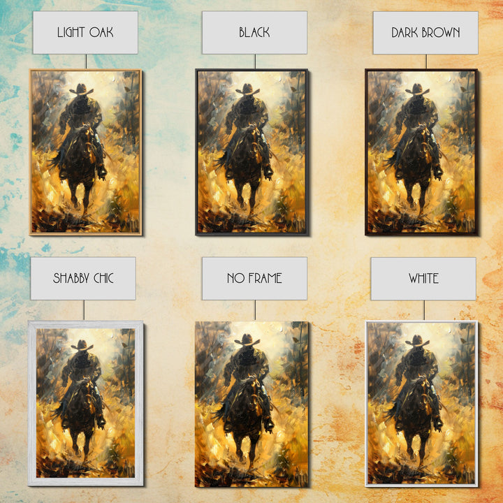 Cowboy Riding Horse into the Distance - Framed Canvas Print, Western Art, Rustic Decor, Living Room Wall Art, Cowboy Themed Art