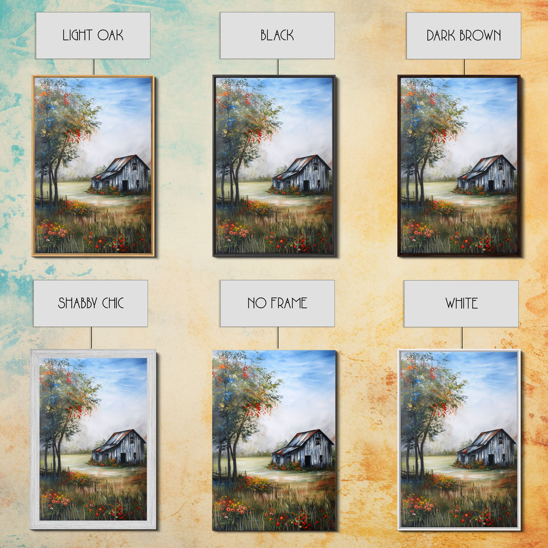 Idyllic Barn Scene with Rustic Charm - Framed Canvas Print, Country Living Room Decor, Farmhouse Wall Art, Barn Art Print for Bedroom
