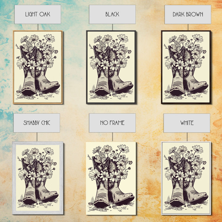 Cowboy Boots with Flowers Art Print, Western Silhouette Framed Canvas, Vintage Floral Boots Art, Unique Home Decor