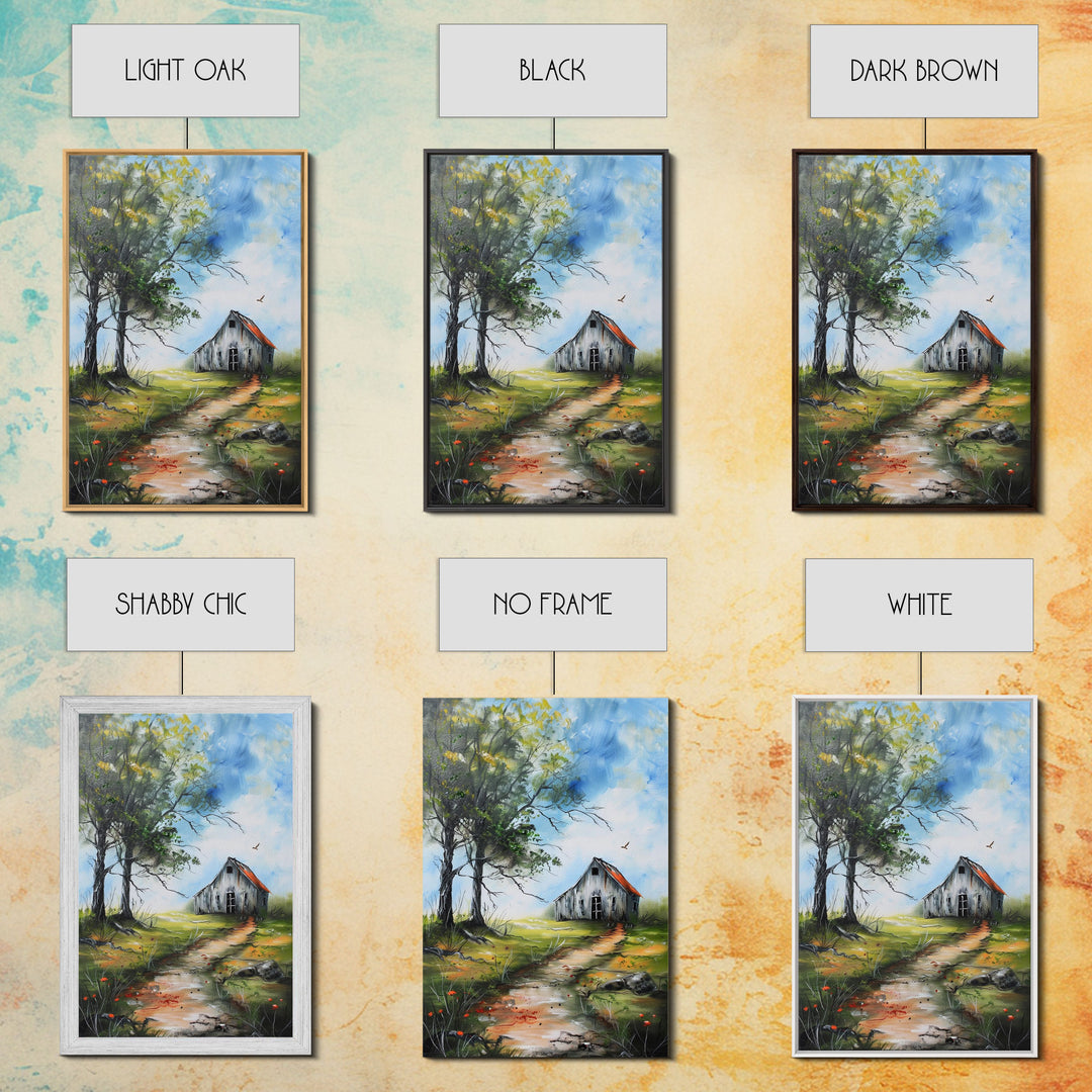 Tranquil Farmhouse with Colorful Flowers - Framed Canvas Print, Country Living Room Decor, Farmhouse Wall Art, Rustic Art Print for Bedroom