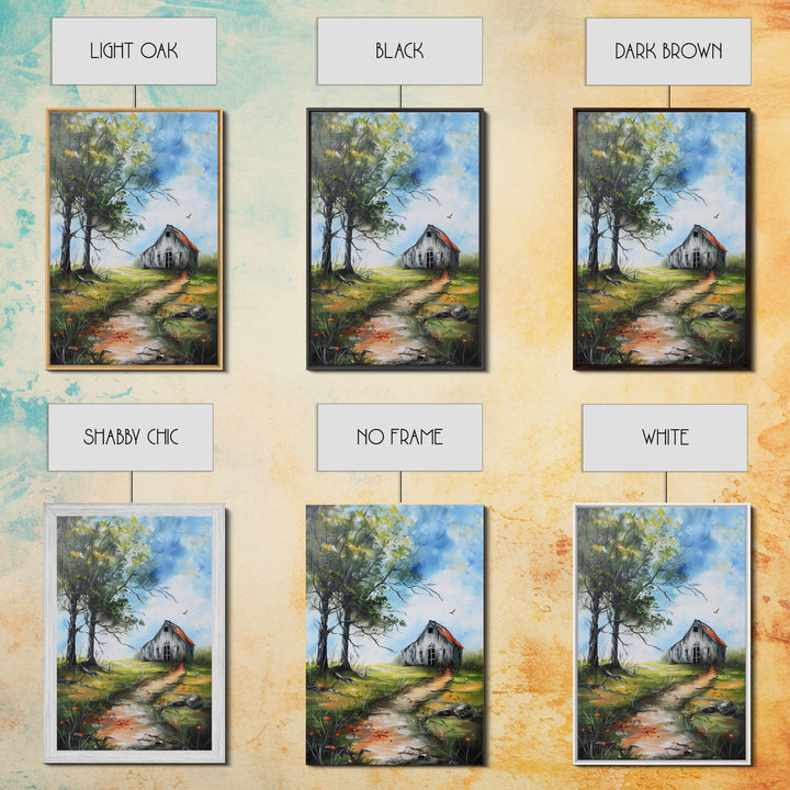 Tranquil Farmhouse with Colorful Flowers - Framed Canvas Print, Country Living Room Decor, Farmhouse Wall Art, Rustic Art Print for Bedroom