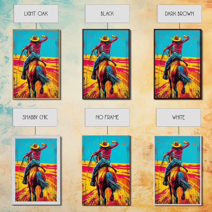 Vibrant Pop Art Cowboy on Horseback in Dynamic Colors - Framed Canvas Print, Western Decor, Cowboy Art for Living Room, Home Wall Art