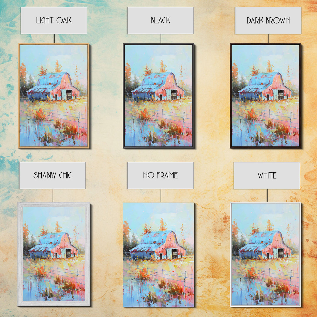 Serene Barn Scene in Soft Pastel Hues - Framed Canvas Print, Rustic Decor, Countryside Art for Bedroom, Farmhouse Wall Art for Living Room