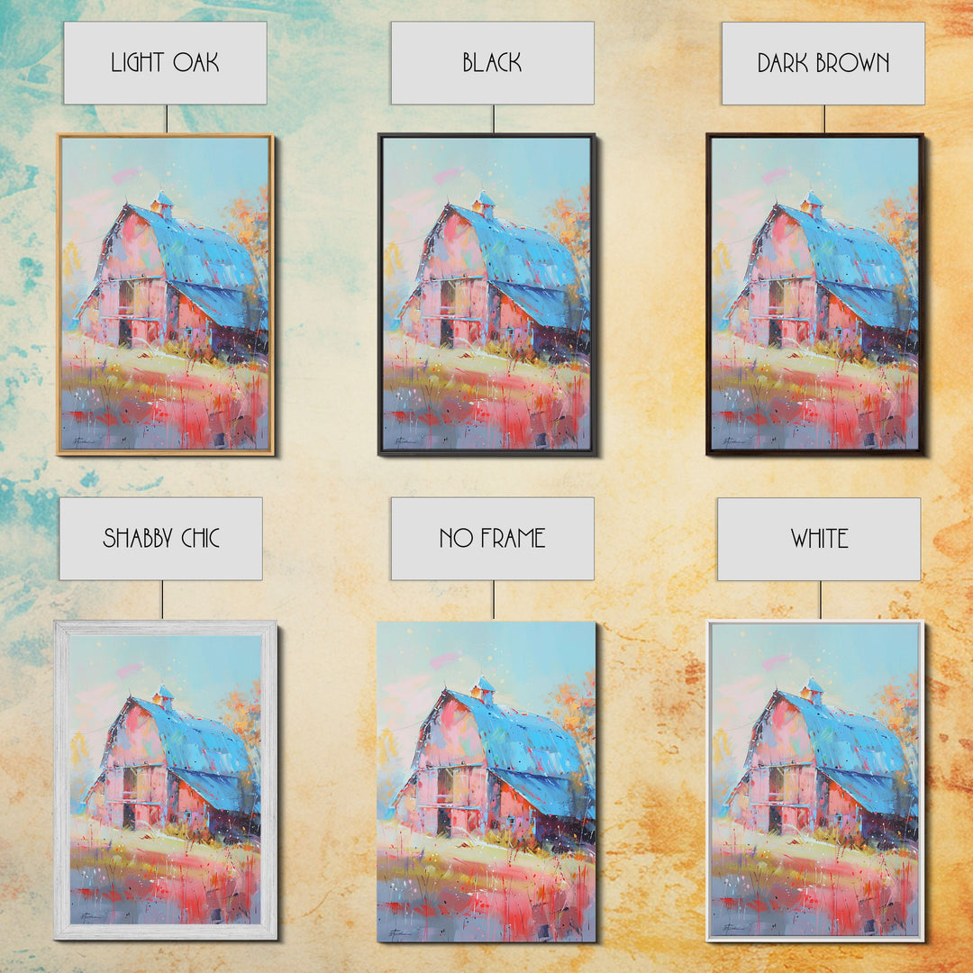 Charming Barn with Blue Roof in Pastel Colors - Framed Canvas Print, Rustic Farmhouse Decor, Country Art for Home, Living Room Wall Art