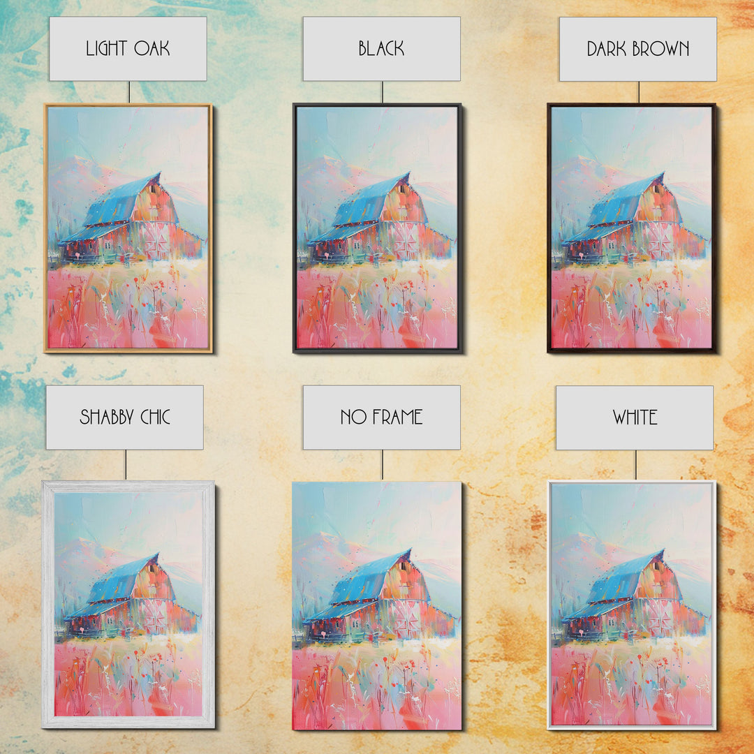 Idyllic Pastel Barn Scene in Vibrant Colors - Framed Canvas Print, Farmhouse Decor, Countryside Art for Bedroom, Rustic Wall Art Living Room