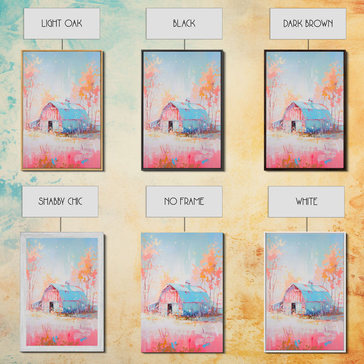 Vintage Pastel Barn with Blue Roof and Trees - Framed Canvas Print, Rustic Farmhouse Decor, Country Art for Home, Bedroom Wall Art