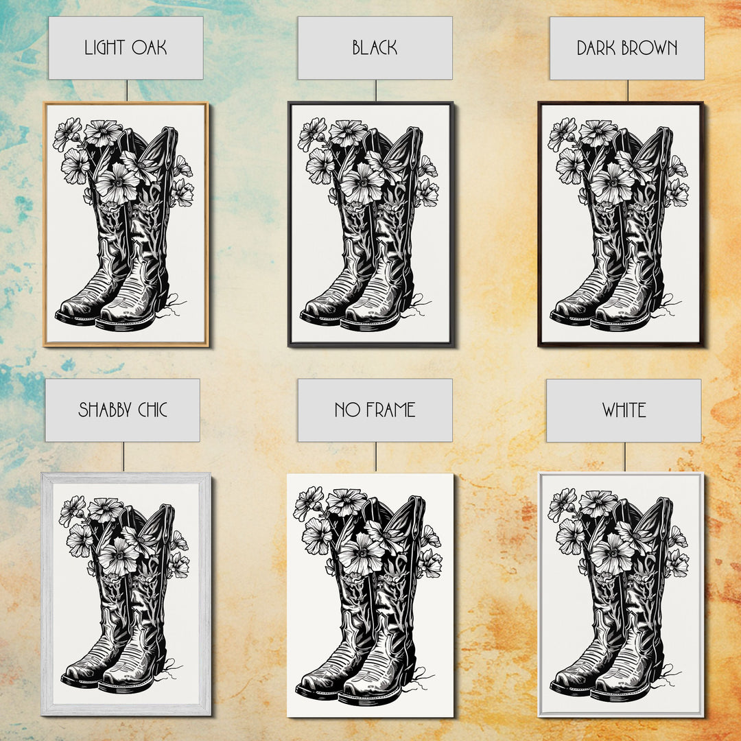 Floral Cowboy Boots Art Print, Retro Western Framed Canvas, Vintage Flower Boots Artwork, Unique Wall Decor for Home