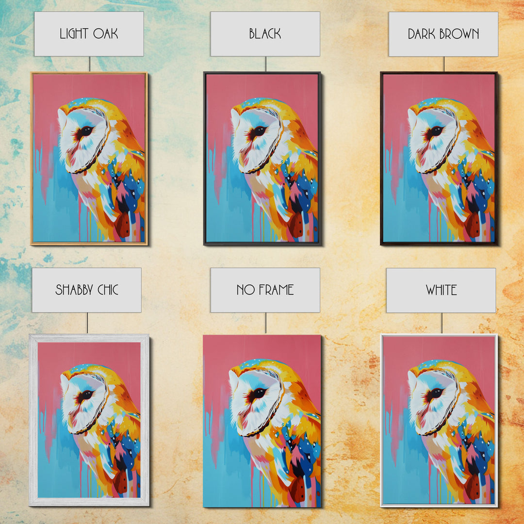 Colorful Owl Pop Art on Pink and Blue Background - Framed Canvas Print, Bird Decor, Owl Art for Living Room, Vibrant Wall Art for Bedroom