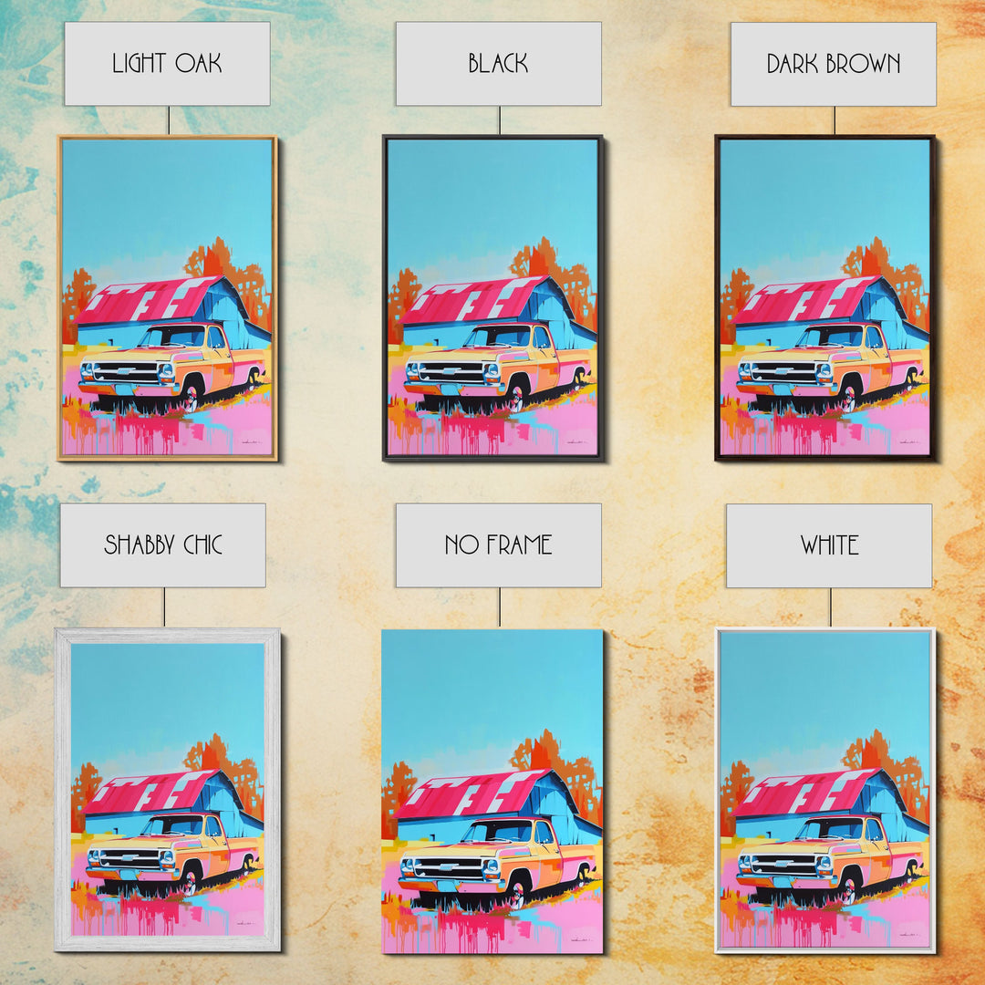 Vintage Truck with Colorful Barn in Background - Framed Canvas Print, Retro Decor, Truck Art for Bedroom, Farmhouse Wall Art for Living Room