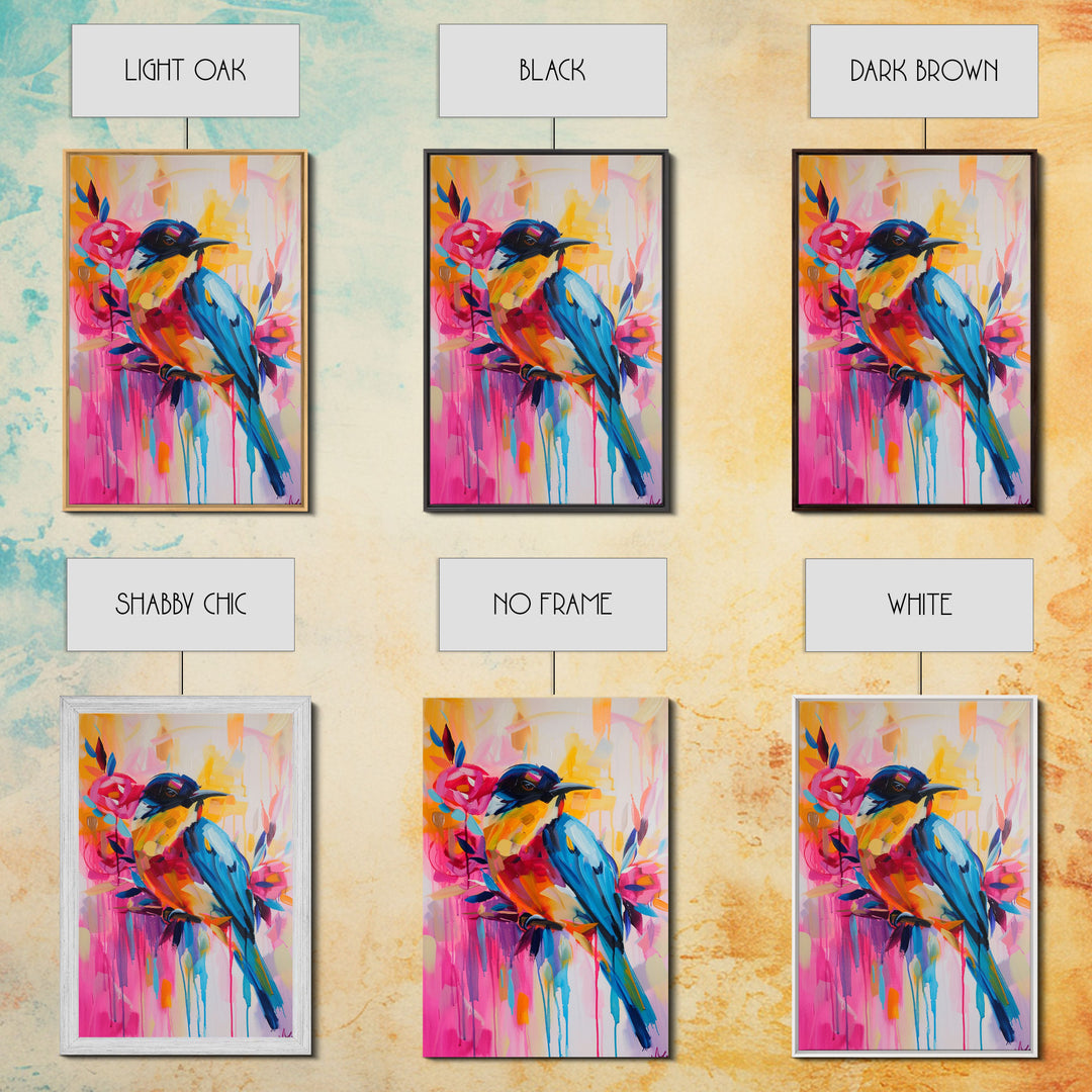 Vibrant Bird and Flowers in Colorful Pop Art Style - Framed Canvas Print Bird Decor, Floral Art for Living Room, Bright Wall Art for Bedroom