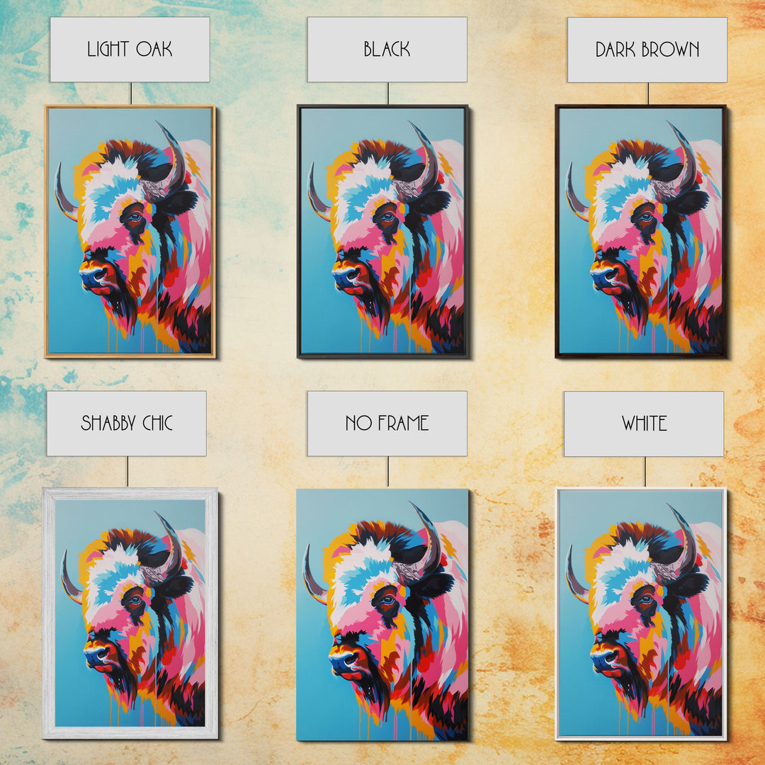 Vibrant Bison Portrait in Colorful Pop Art Style - Framed Canvas Print, Animal Decor, Bison Art for Living Room, Bright Wall Art for Home