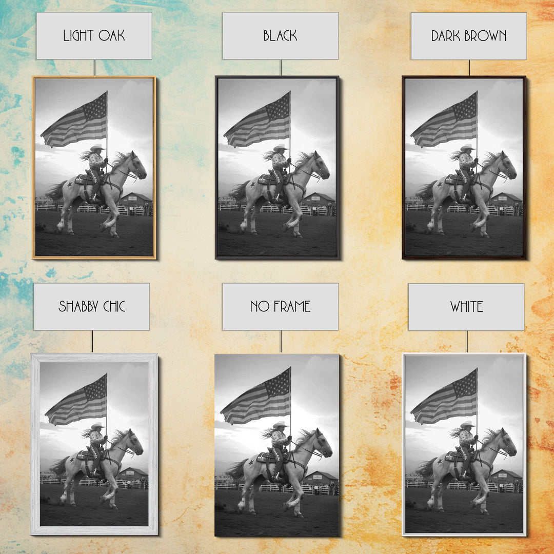 Cowgirl with American Flag Art Print, Western Rodeo Framed Canvas, Vintage Black and White Photography, Unique Home Decor