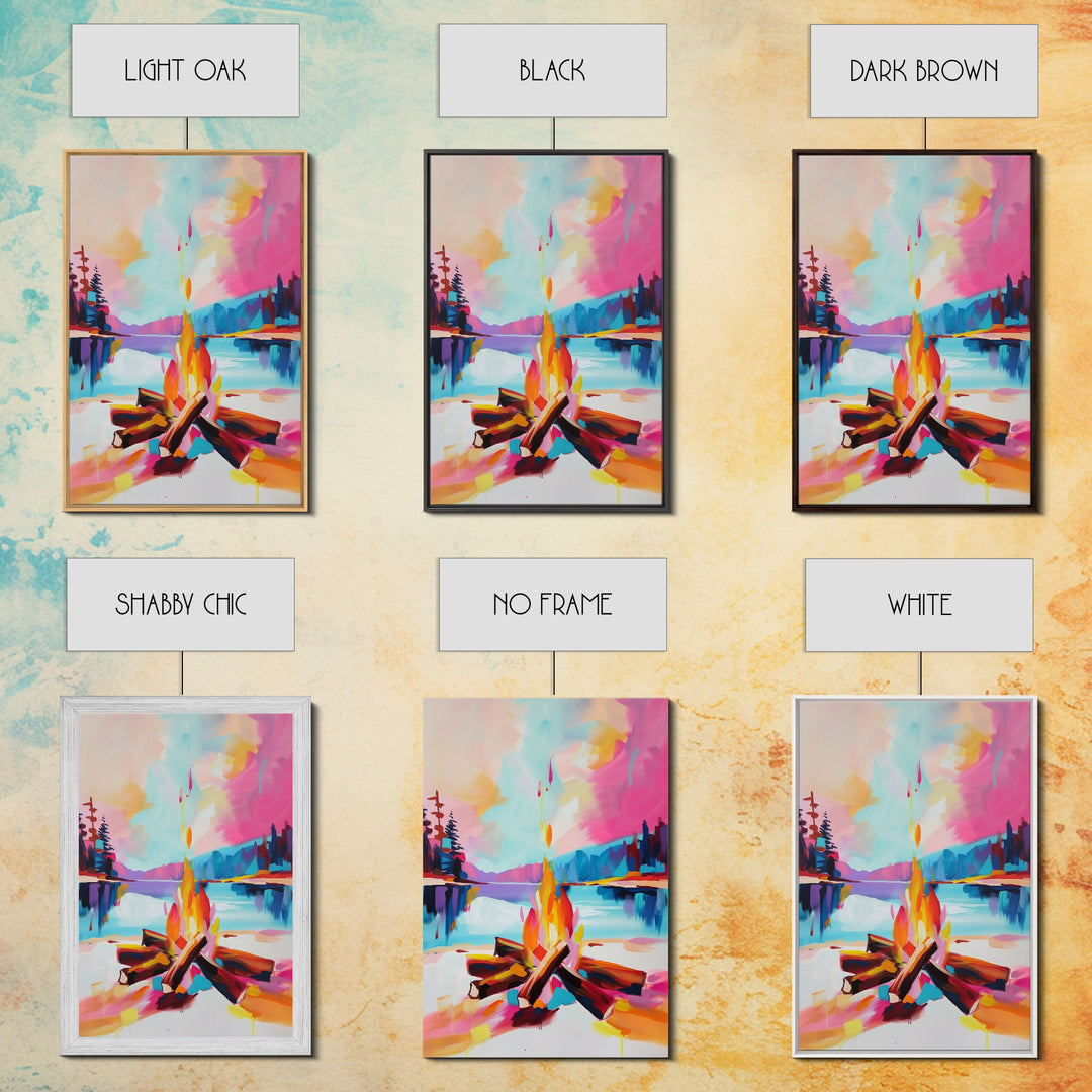 Campfire by the Lake Framed Canvas Print - Colorful Nature Wall Art, Living Room Decor, Modern Artwork, Unique Fire Art for Bedroom Office