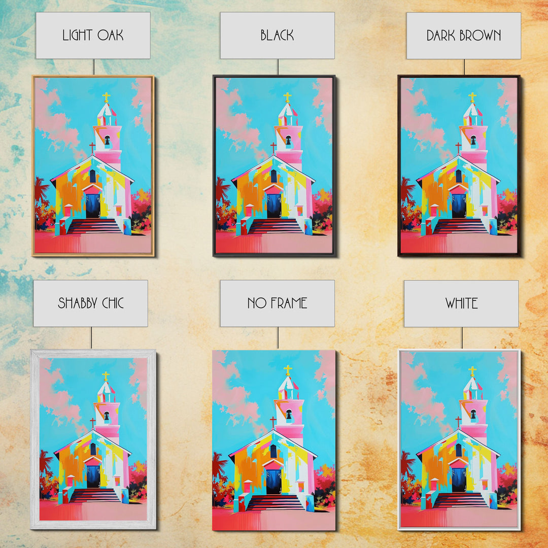 Vibrant Church Art in Pastel Hues - Framed Canvas Print, Colorful Religious Decor, Contemporary Church Wall Art for Living Room or Bedroom