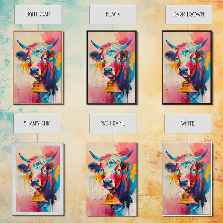 Expressive Cow Art in Bold Hues - Framed Canvas Print, Colorful Animal Decor, Modern Farmhouse Wall Art for Living Room or Bedroom