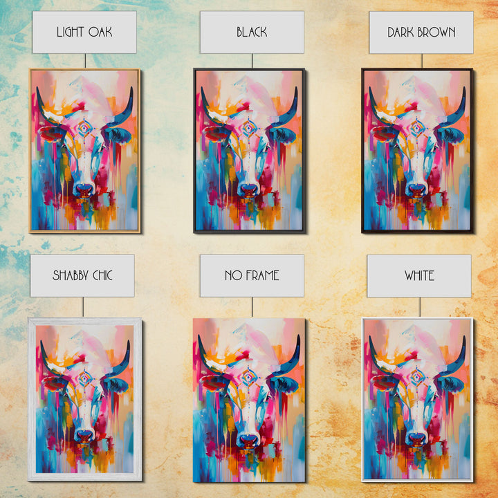 Colorful Bull Painting with Abstract Style - Framed Canvas Print, Bold Animal Wall Art, Modern Bull Decor for Living Room or Bedroom