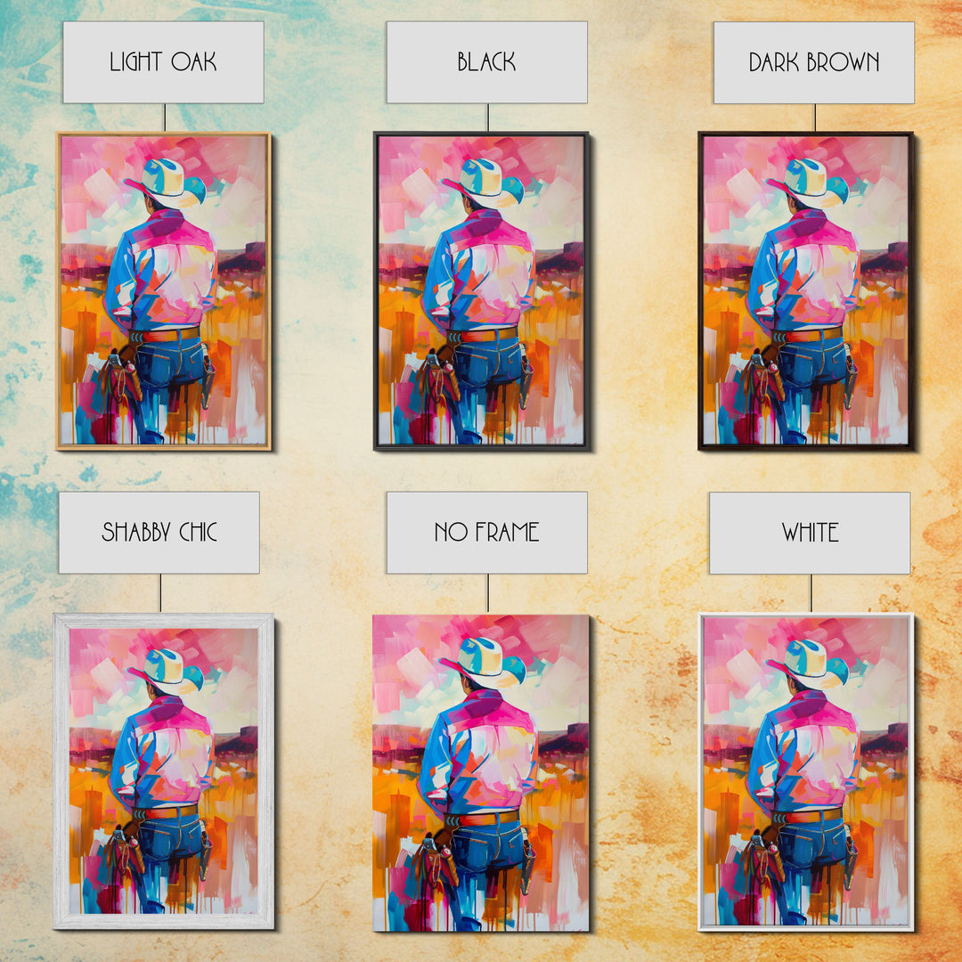 Abstract Cowboy Art in Pastel Hues - Framed Canvas Print, Contemporary Western Decor, Colorful Cowboy Wall Art for Living Room or Bedroom