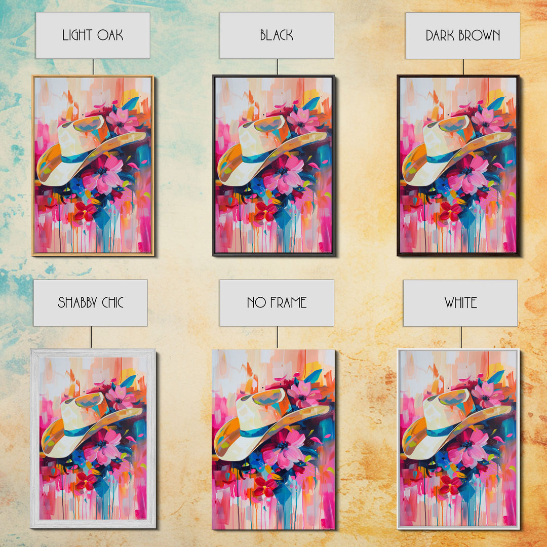 Cowboy Hat with Flowers in Bold Colors - Framed Canvas Print, Vibrant Western Decor, Colorful Hat Wall Art for Living Room or Bedroom