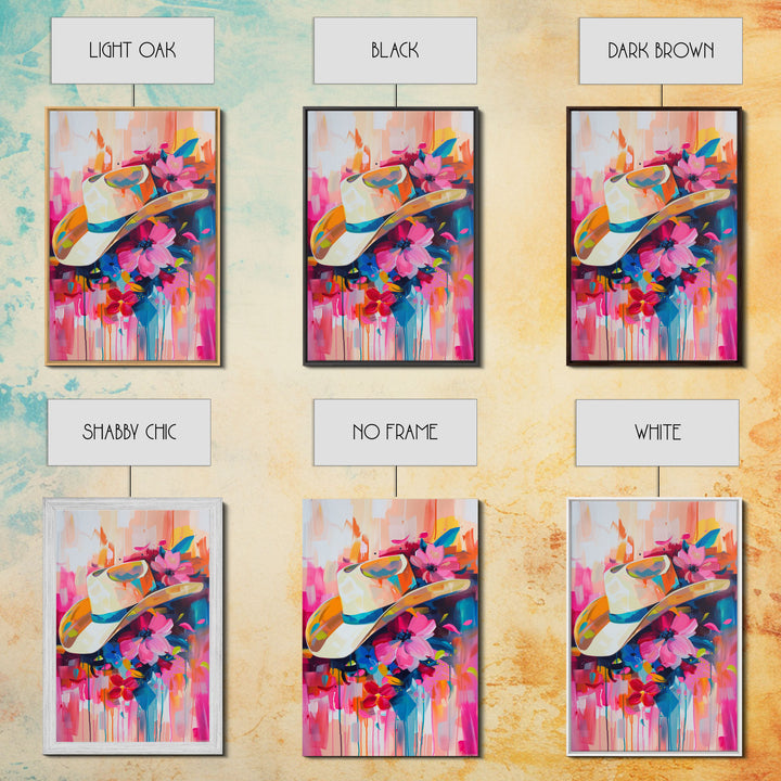 Cowboy Hat with Flowers in Bold Colors - Framed Canvas Print, Vibrant Western Decor, Colorful Hat Wall Art for Living Room or Bedroom