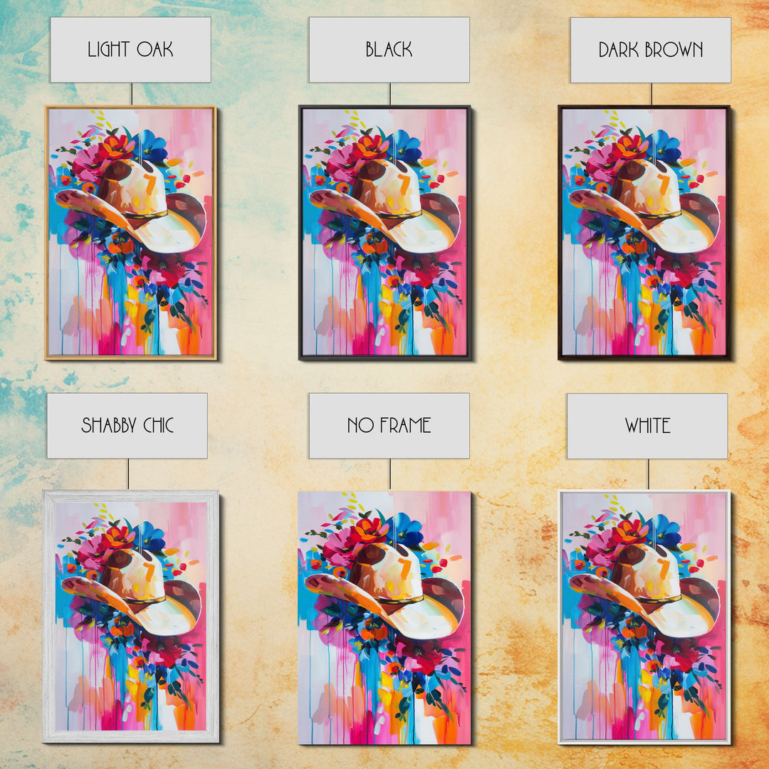 Colorful Cowboy Hat with Floral Accents - Framed Canvas Print, Modern Western Decor, Bold Hat Wall Art for Living Room or Bedroom