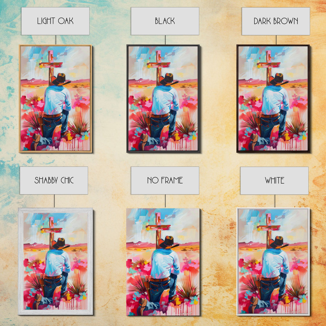 Cowboy Praying by the Cross in Vibrant Colors - Framed Canvas Print, Colorful Western Decor, Modern Cowboy Wall Art for Living Room Bedroom