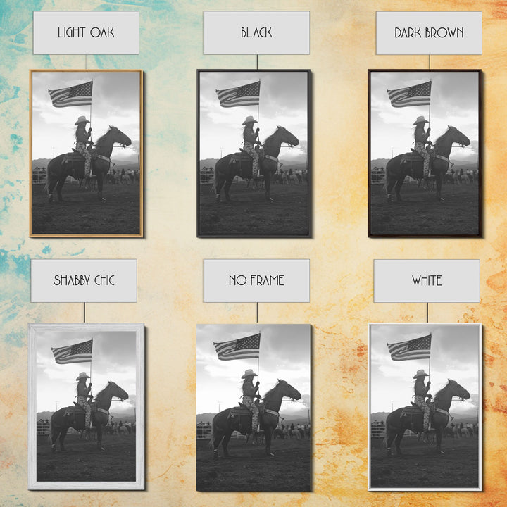 Cowgirl Riding with Flag Art Print, Western Rodeo Framed Canvas, Vintage Black and White Photography, Unique Home Decor