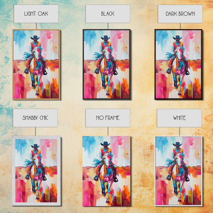 Colorful Cowboy on Horseback Art - Framed Canvas Print, Western Decor, Dynamic Living Room Wall Art, Horse Rider Artwork