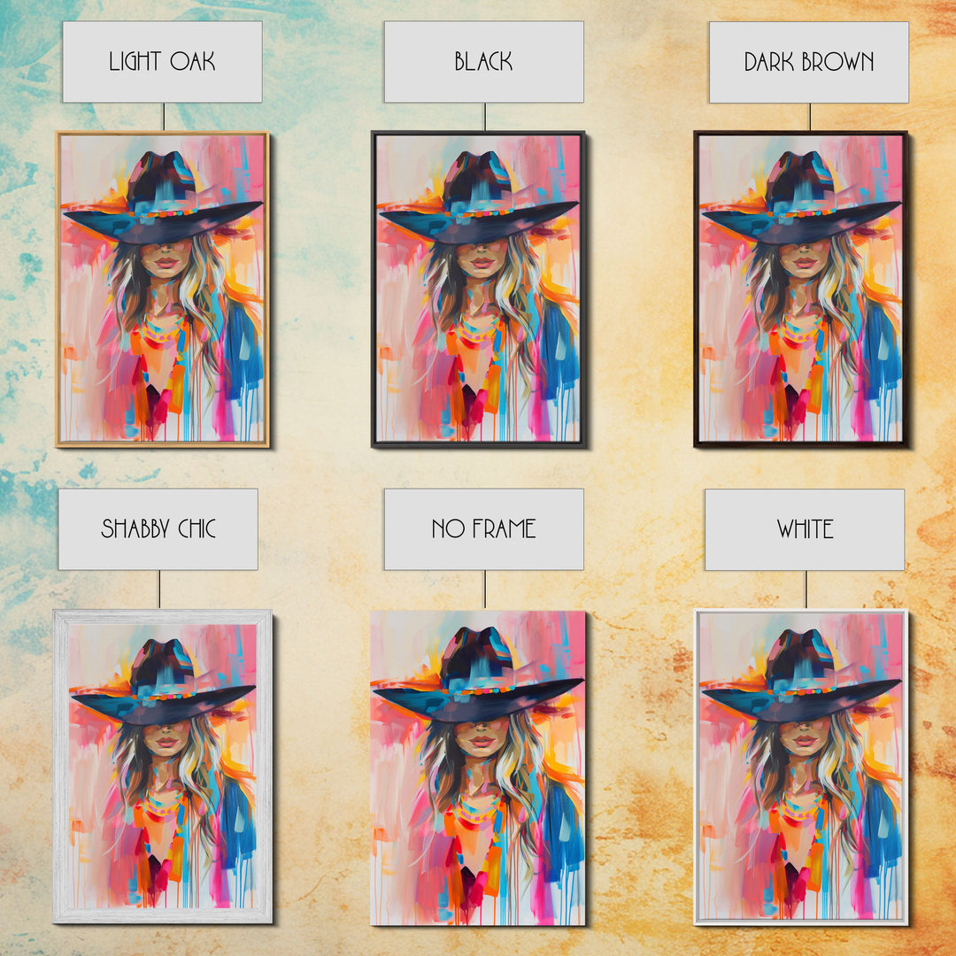 Modern Cowgirl in Hat Art - Framed Canvas Print, Stylish Bedroom Wall Art, Vibrant Living Room Decor, Contemporary Cowgirl Portrait