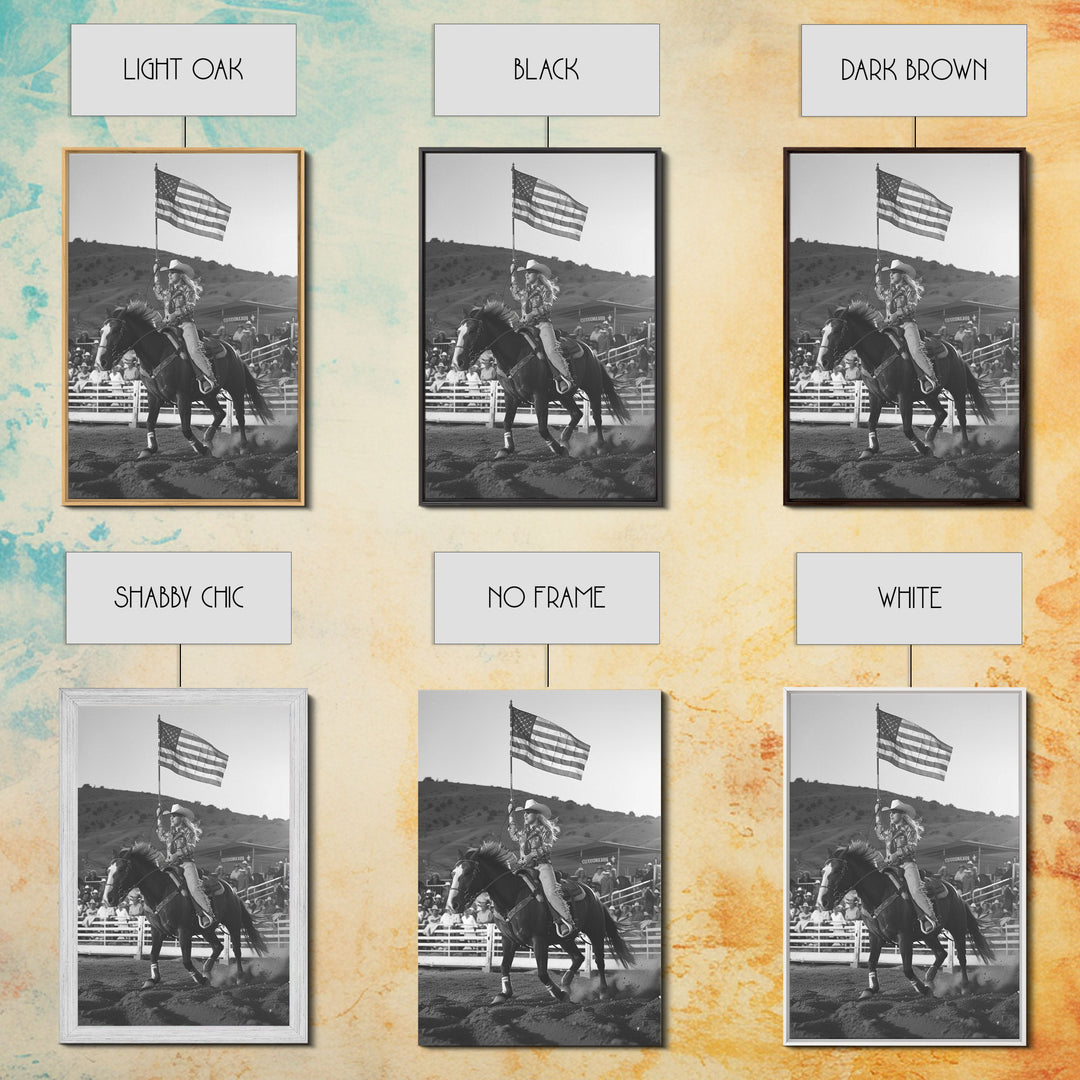 Cowgirl Flag Bearer Art Print, Western Rodeo Framed Canvas, Vintage Black and White Photography, Unique Wall Decor
