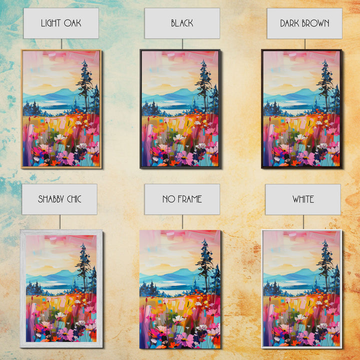 Serene Landscape with Wildflowers Framed Canvas Print - Pastel Sunset Wall Art, Tranquil Living Room Decor, Nature-Inspired Bedroom Art