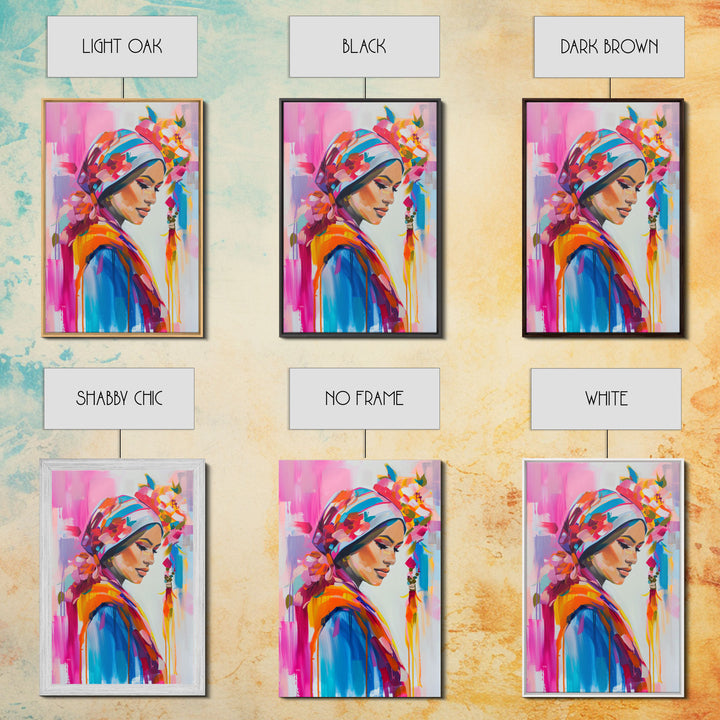 Portrait of Woman in Floral Headscarf Framed Canvas Print - Elegant Wall Art, Feminine Living Room Decor, Artistic Bedroom Art