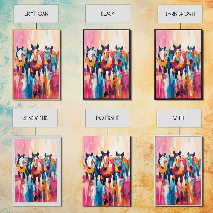 Colorful Horses Running Framed Canvas Print - Vibrant Horse Wall Art, Energetic Living Room Decor, Dynamic Bedroom Art, Equestrian Art