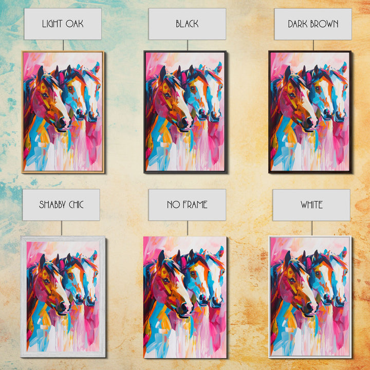 Three Horses in Vibrant Colors Framed Canvas Print - Bold Horse Wall Art, Eye-catching Living Room Decor Bright Bedroom Art Horse Lover Gift