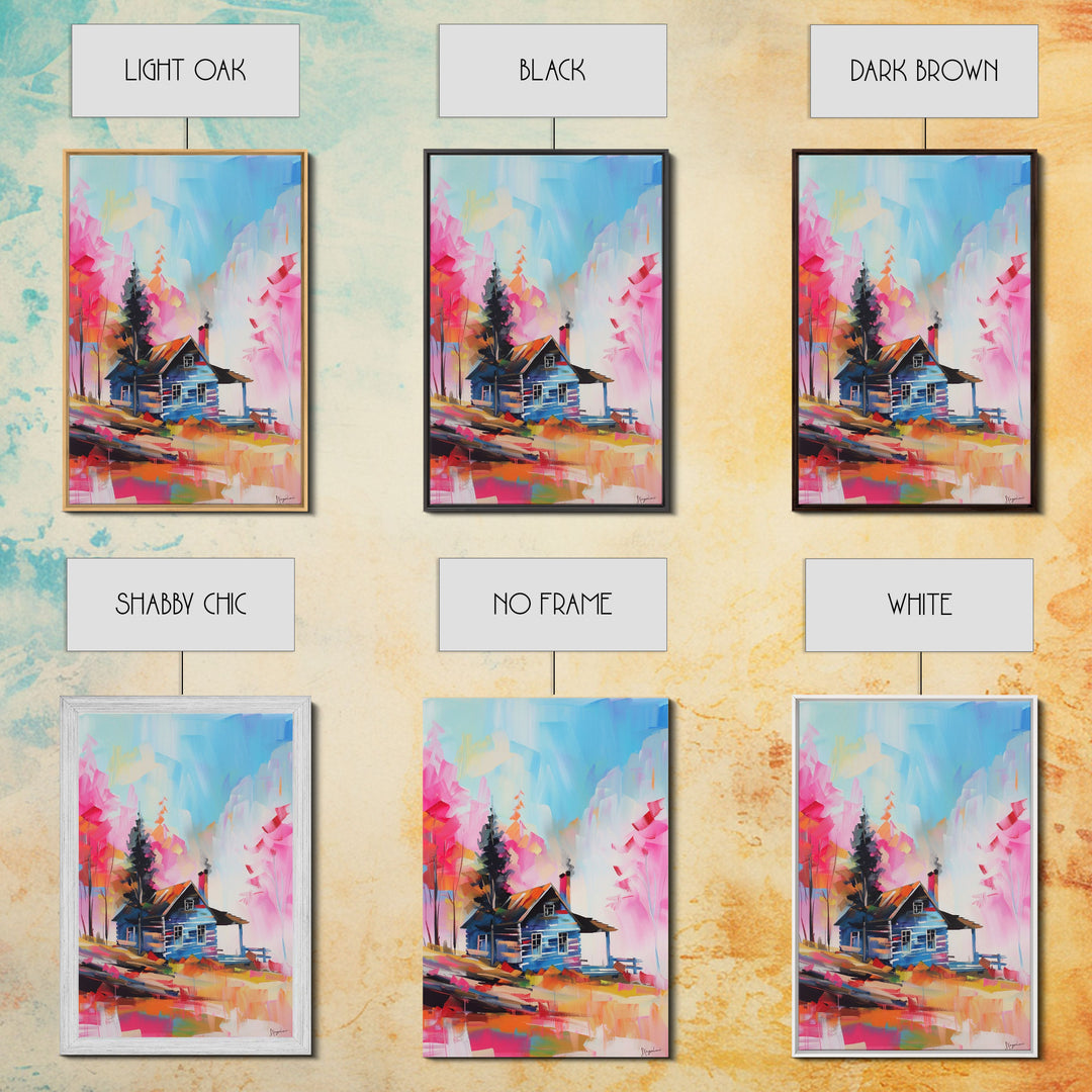 Cozy Cabin in Colorful Forest Framed Canvas Print - Charming Cottage Wall Art, Cozy Living Room Decor, Warm Bedroom Art, Rustic Home Decor