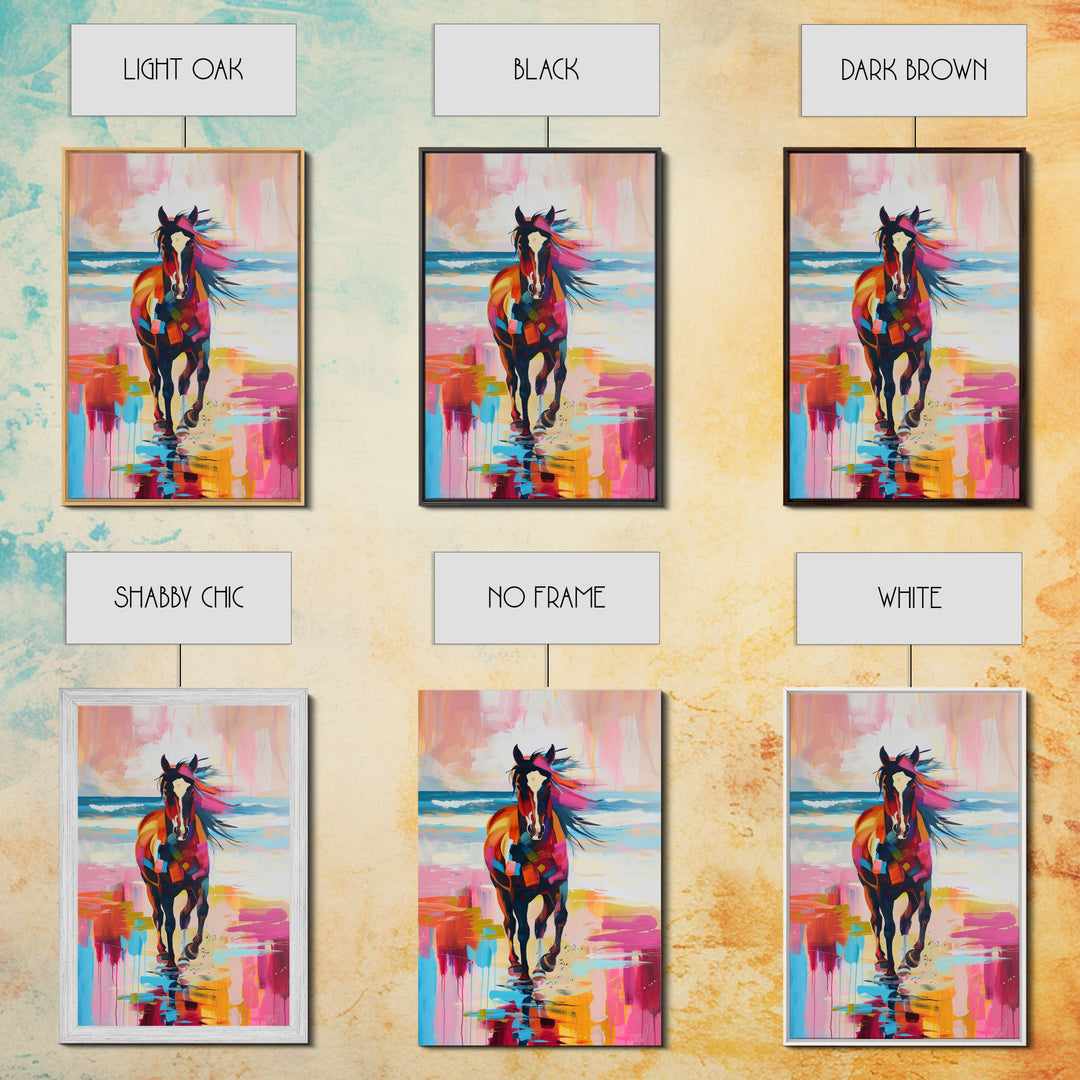 Horse on Beach in Bold Colors Framed Canvas Print - Beach Horse Wall Art, Colorful Living Room Decor, Bedroom Art, Coastal Equestrian Art