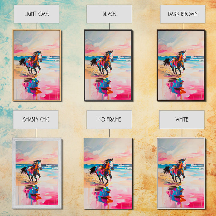 Vibrant Horse on the Beach - Framed Canvas Print, Colorful Wall Art, Coastal Living Room Decor, Modern Horse Artwork, Beach Art Print