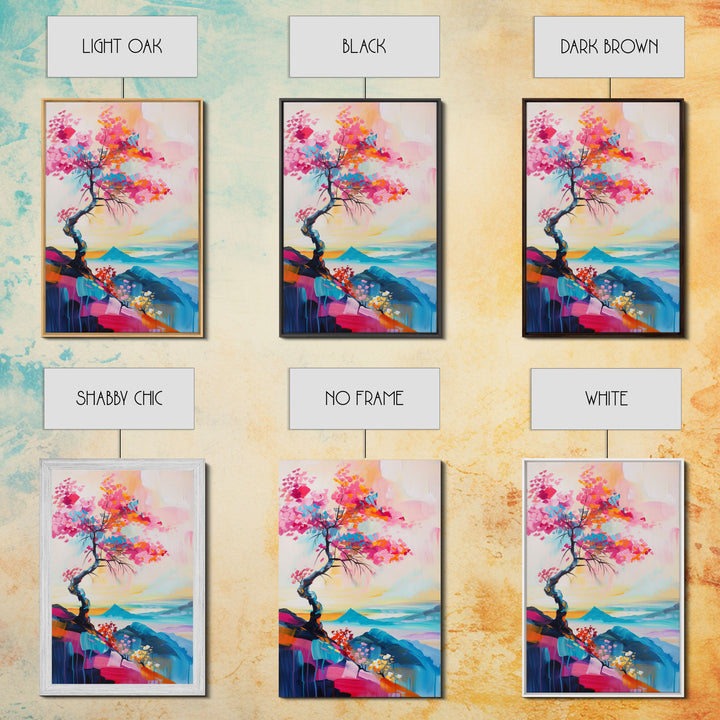 Colorful Tree on a Cliff - Framed Canvas Print, Vibrant Wall Art, Living Room Decor, Modern Nature Artwork, Bold Tree Art, Bedroom Decor