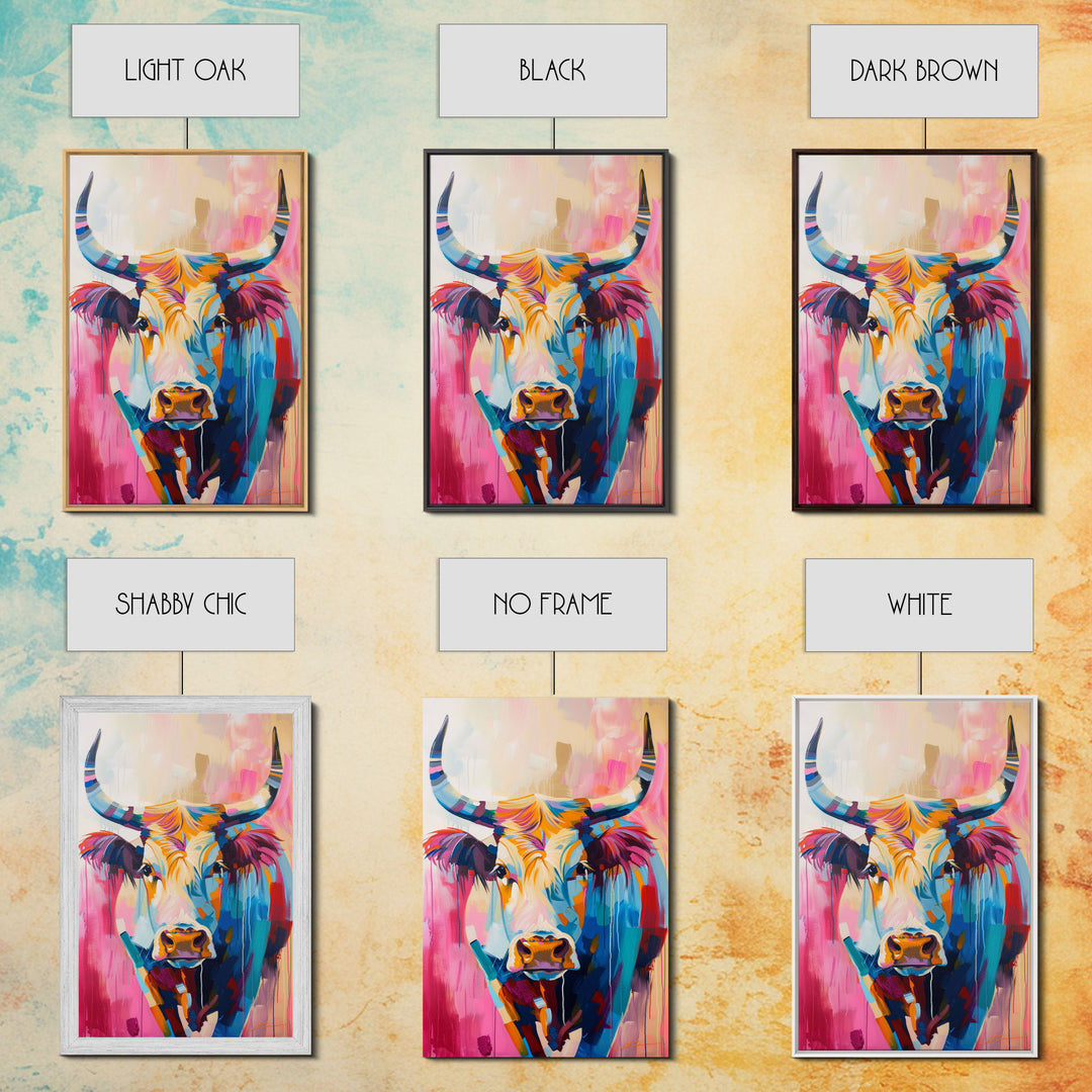 Colorful Cow Portrait - Framed Canvas Print, Vibrant Wall Art, Modern Living Room Decor, Bold Animal Artwork, Cow Art Print, Bedroom Decor