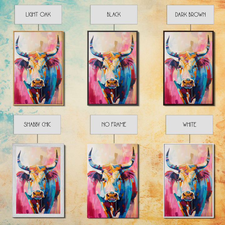 Colorful Cow Portrait - Framed Canvas Print, Vibrant Wall Art, Modern Living Room Decor, Bold Animal Artwork, Cow Art Print, Bedroom Decor