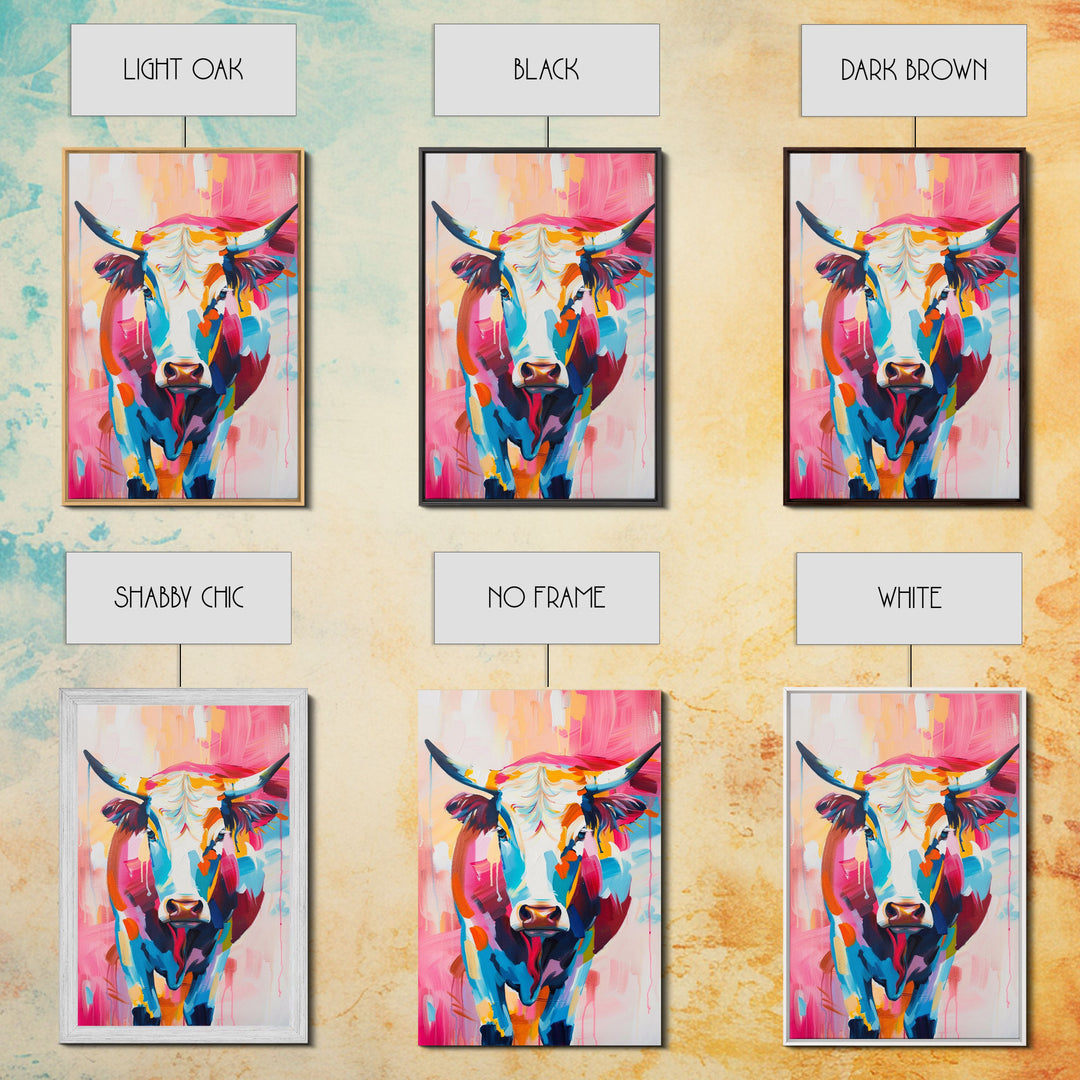 Vibrant Cow Head in Bold Colors - Framed Canvas Print, Modern Wall Art, Living Room Decor Colorful Animal Artwork, Cow Portrait, Bedroom Art